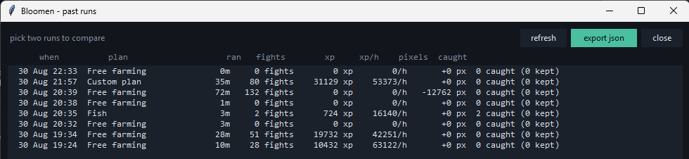 The past runs window, listing each run with duration, fights, xp, xp per hour and catches.